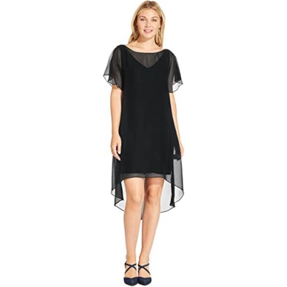 NWT Adrianna Papell Black Tiered Mesh Neckline Sheath Dress Size 12 Cocktail